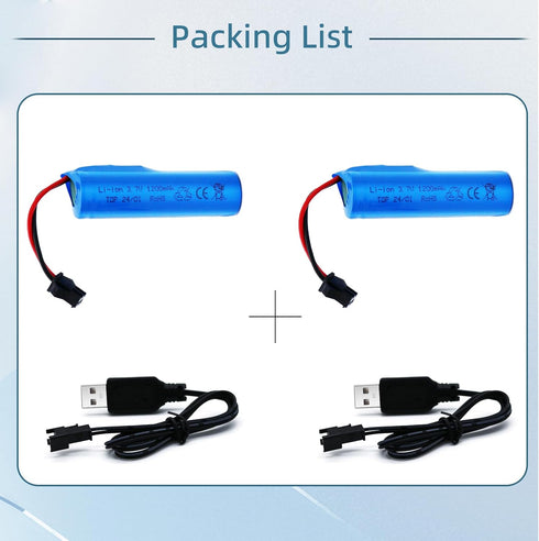 3.7V Li-ion Battery 1200mAh - 2 Pack Rechargeable Batteries with USB Charger for Remote Control Cars