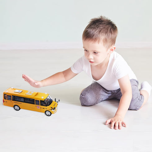 9" Large Bright Yellow School Bus, Pull Back Light Up and Sounds Die-cast Metal Toy Vehicle for Kids