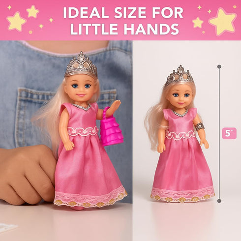 TOMLEON Playset 6 Set 3+ Princess Dolls Mini Princess Dolls with Colorful Gowns, Crowns & Jewelry Fantasy Role Play