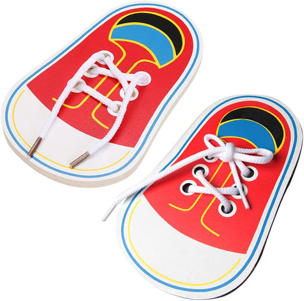 2 pcs Wooden Lacing Shoe Toy, Learn to Tie Laces, Educational Threading Motor Skills Toy