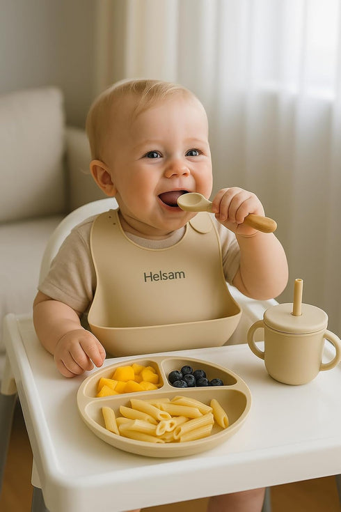 Generic Set, Baby Feeding Silicone Suction Bowl, Spoon, Cup and Bib, BPA-Free Baby Essentials (Beige)