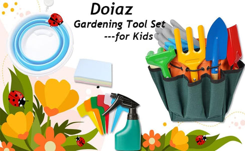 Doiaz Set Kidz Gardening -Real Metal Gardening Tools Kit for Childrenz Includes Sturdy Shovel,Rake,Fork,Trowel,Kidz