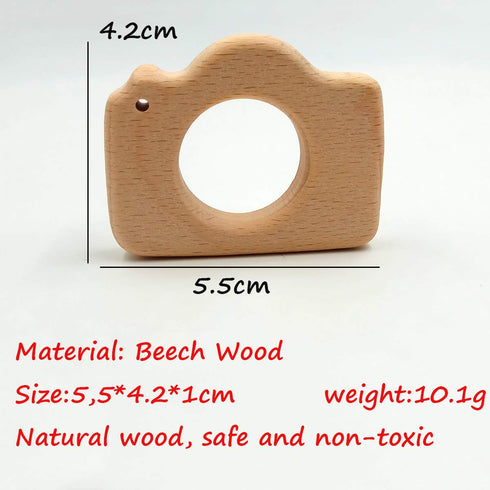 10pcs Lovely Cartoon Wood Camera Teether Pure Natural Animal Shape Beech Wooden Teething Toys Handmade Pattern DIY Jewelry Making Necklace Pendant
