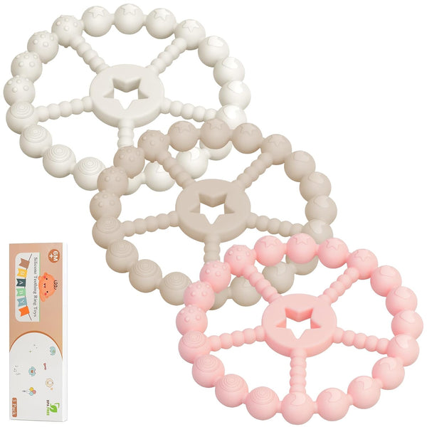 Loviomad Baby Teething Toys 3-12 Months - 3 Pack Ring Teether Baby Toys,