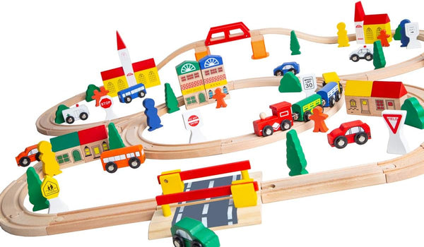 Orbrium Toys 100 Piece Triple Loop Wooden Train Set Track - Fits Thomas Brio