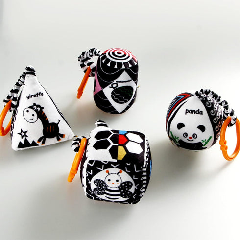 KAKIBLIN Baby Hanging Rattle Toys, 4 Pack Soft Squeaky Toys for 0-6 Months Newborn Infant Car Seat Travel