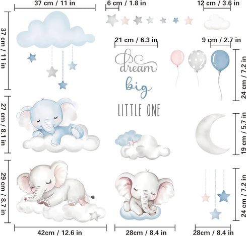Quinspir Dream Big Little One Elephant Wall Stickers,Dreamy Moon Stars Balloons Cloud Decor for Kids Room, Nursery