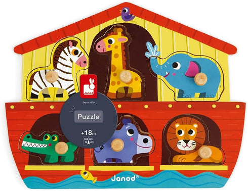 Janod 6 Piece Noah’s Ark Puzzle Themed Wooden Peg Colorful Jigsaw Puzzle for Preschool Kids and Toddlers