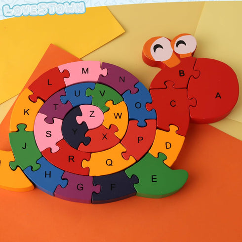 LovesTown Snail Wooden Puzzles - 26PCS Building Blocks Jigsaw Puzzle, Alphabet and Number Blocks for Kids