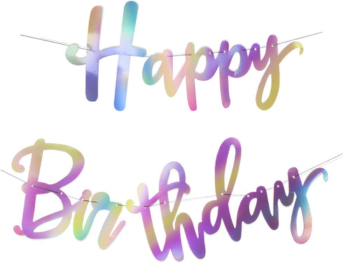 Tatuo Iridescent Happy Birthday Banner Sign, Changeable Garland Bunting Decoration, Silver Party Favor Supplies