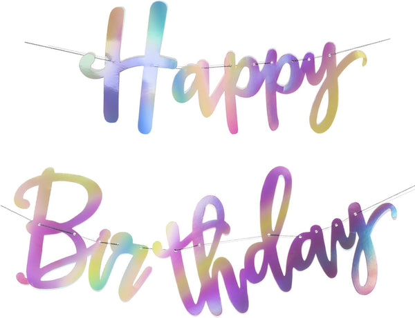 Tatuo Iridescent Happy Birthday Banner Sign, Changeable Garland Bunting Decoration, Silver Party Favor Supplies