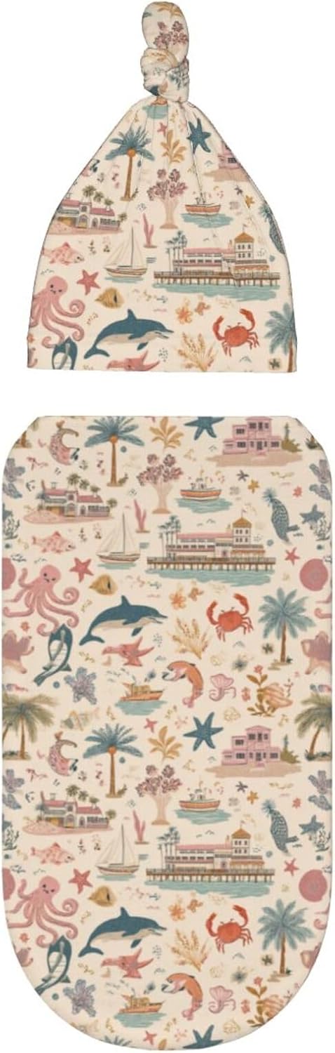 Nanyizly Set 0-6m Trees and Boats Newborns Beanie Swaddle Blanket Baby Receiving Blankets for Infant Boy Girl Swaddle