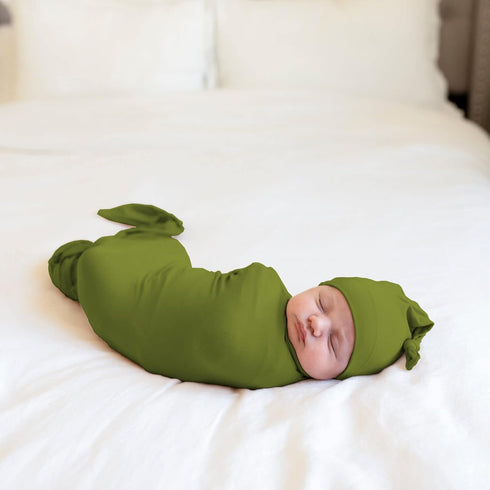 Large Jersey Knitted Swaddle Blanket for Baby, Soft Stretchy Receiving Blanket for Newborns with Hat, Large 47 x 47 inches (Olive) BY001 by Bayceen