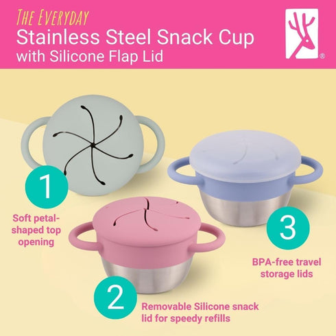 2 Pack Elk and Friends Stainless Steel Snack Cups | Removable Silicone Food Catcher and Travel Lid | Spill-Proof Snack