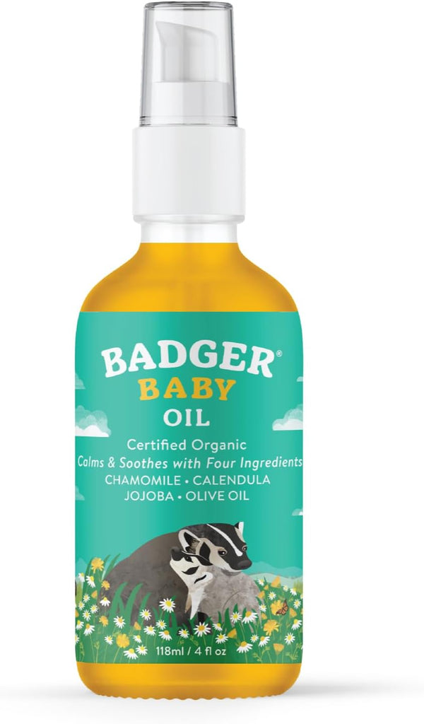 Badger Baby Oil, 100% Organic Ingredients, 4 fl oz Glass Bottle, Soothing Vegan Baby Oil