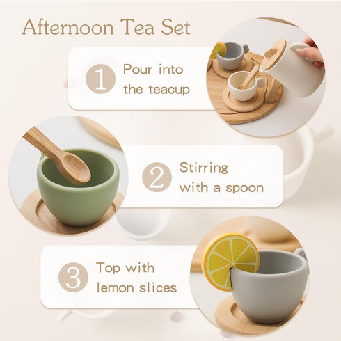 Set Enchanting Wooden Tea Party - Silicone Teapot, Cups & Carrying Scoop - Perfect for Little Girls' Tea Party