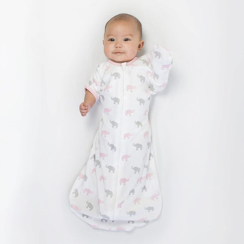 Amazing Baby Transitional Swaddle Sack with Arms Up Half-Length Sleeves, Large, 6-9 Months, Tiny Elephants, Pink