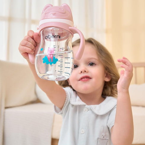 270ml/12m+/Pink/Pack 3 Oberni Toddler Sippy Cup, Tritan Baby Water Bottle With Non-Spill Valve Spout, Removable Handle