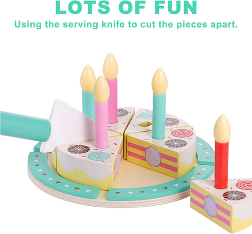 Set Birthday Cake Cutting Toys, Wooden Play Food for Kids Toddlers, Pretend Play Kitchen Toys for Boys Girls
