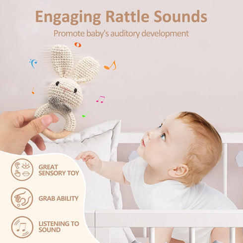 Wooden Baby Rattle, Handcrafted Crochet Bunny Rattles with Wooden Teething Ring, Organic Beige Rabbit Newborn Toy