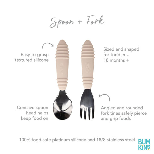 Bumkins Toddler Utensils, Kids Size Fork and Spoon Set, Silicone and Stainless-Steel Training Silverware
