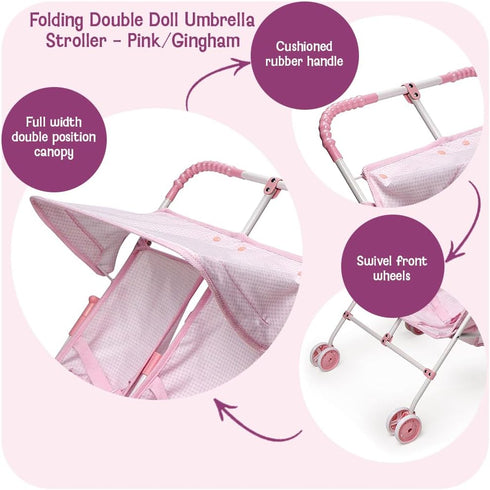 Badger Basket Double Doll Stroller - Foldable Tandem Stroller for Dolls with Canopy, Basket & Safety Belts