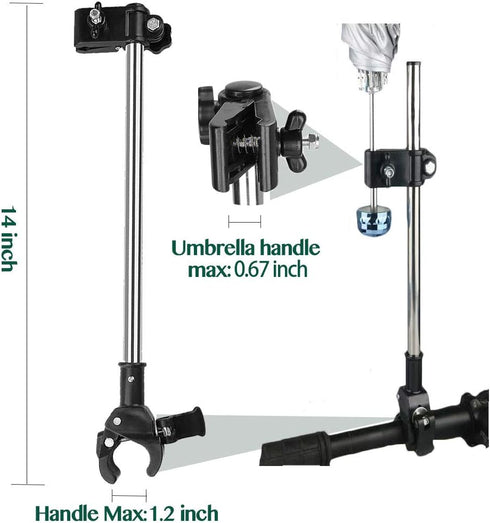 Adjustable Umbrella Mount Holder, No Need Wrench to Attach/Detach, Clamp for Wheelchairs, Walker, Stroller, Black