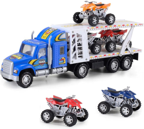 Auto Hauler Big Rig Toy Semi Truck Car Carrier 1:48 Scale with 4 ATVs Dirt Bike (Assorted Colors)