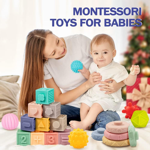 Jyusmile Baby Toys for 6-12 Months, Montessori Stacking Blocks, Soft Teething Toys & Sensory Balls