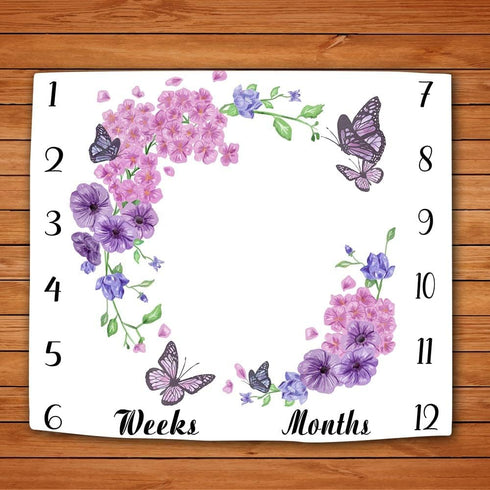Baby Age Blanket, Purple Floral Butterfly Monthly Milestone Blanket, 48x40 Inch Baby Memory Blanket for Girls BTLSLY635