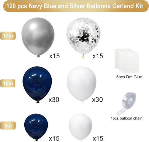 Blue Silver Balloons Garland Kit - 120 pcs Navy Blue and Silver Confetti Balloons Arch for Party Decoration