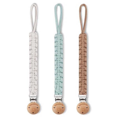 Pacifier Clip for Boys, 9.2 Inch Pacifier Leashes with Wooden Clips, Handmade Braided Cotton, 3 Pack Baby Shower Set