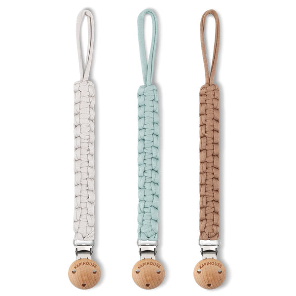 Pacifier Clip for Boys, 9.2 Inch Pacifier Leashes with Wooden Clips, Handmade Braided Cotton, 3 Pack Baby Shower Set
