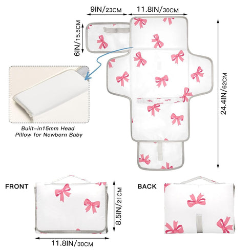 WELLDAY Pink Bows Portable Diaper Changing Pad - Waterproof Foldable Baby Diaper Changing Pad with Built-in Pillow