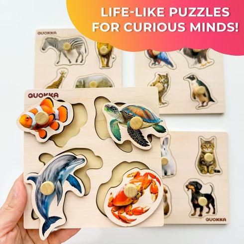 QUOKKA Wooden Puzzles for Toddlers 1-3 - 4 Set Animal and Birds Pegged Learning Toy for Kids Gift