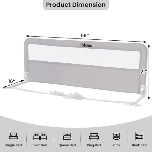59" INFANS Bed Rail for Toddlers, Foldable Safety Baby Crib Rail Fit for Kids Twin, Extra Long Swing Down Bed Guardrail