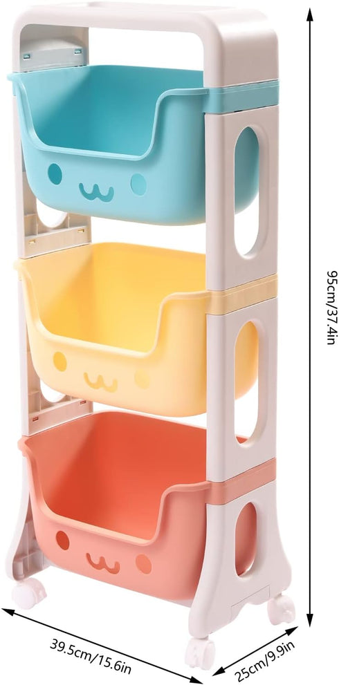 YIYIBYUS 3-Tier Kids Toy Box Storage Organizer Utility Rolling Cart with Universal Wheels, Cute Smiley Design, Doll