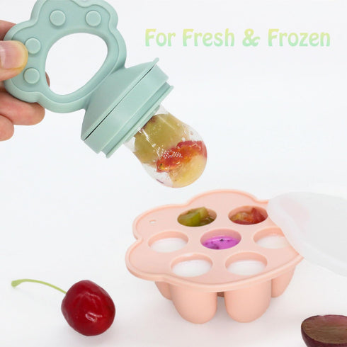(Set 2), 4 Ginbear Silicone Baby Fruit Food Feeder & Freezer Tray of Infant Teething Feeder Pacifiers with Baby