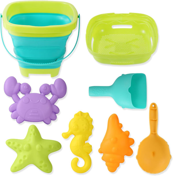 Egashow 8 PCS Kids Foldable Pail Seabeach Sand Toys Sensory Playset, Portable Sandbox