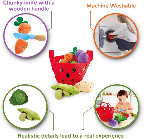 Hape Toddler Vegetable Basket, Soft Grocery Food Playset with Cabbage, Bean Pod, Carrot, and More