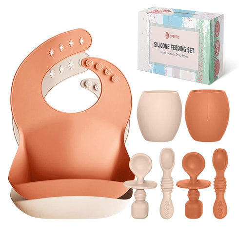 Baby Silicone Feeding Set - Baby Led Weaning Utensils, Silicone Bibs, Infant Feeding Cups for Boys, Girls, Set of 8