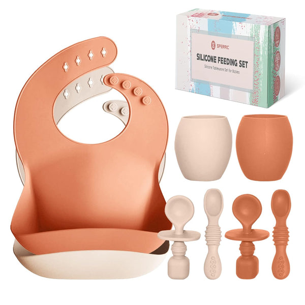 Baby Silicone Feeding Set - Baby Led Weaning Utensils, Silicone Bibs, Infant Feeding Cups for Boys, Girls, Set of 8
