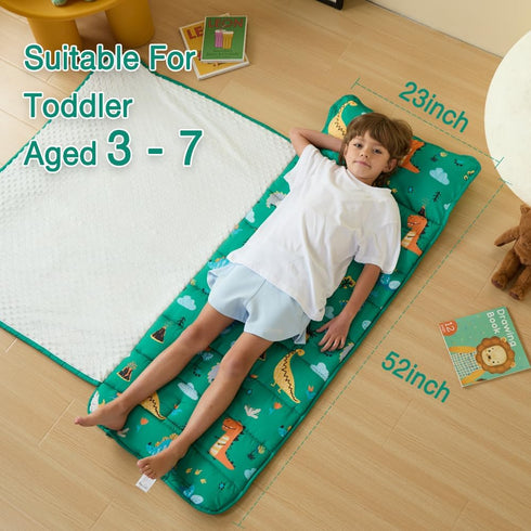 beeweed Toddler Nap Mat, Rollup Kid Sleeping Mat with Removable Pillow & Minky Blanket for Daycare Travel