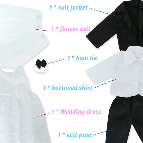 18 Inch Set, 18 Inch Doll Clothes Accessories Wedding Bride Wedding Dress and Groom Suit Outfit, Veil, Bow Tie