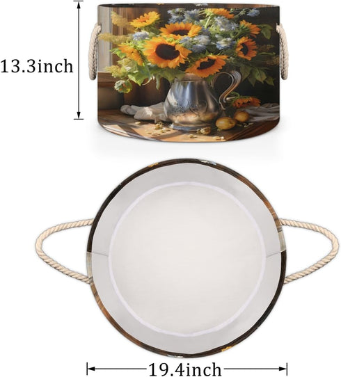 Closet Bouquet of Sunflower Round Baby Gift Baskets,Sunflower Round Decorative Storage Box Canvas Fabric Organizer