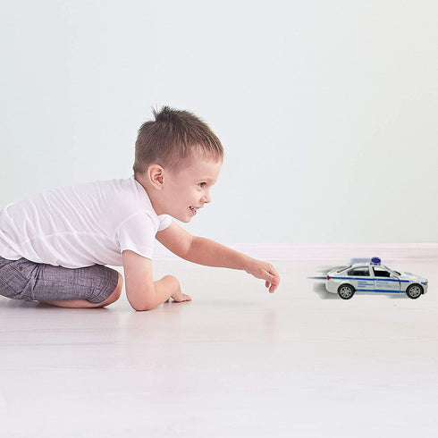 2 Pack Metal Diecast NY Police Cars - Pull Back Battery Powered with LED Headlights and Siren Sounds 1:32 Scale