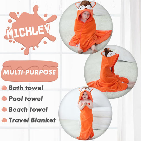 MICHLEY Animal Hooded Baby Towel Washcloth - Premium Cotton Bathrobe for Girls Boys 0-6T (Fox)