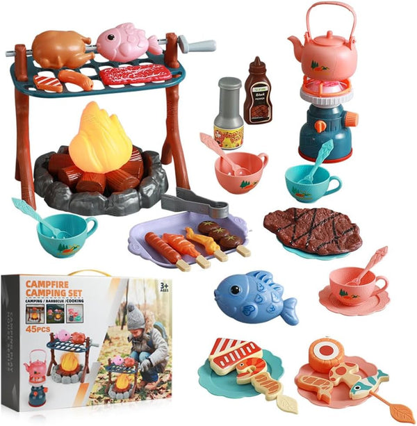 yoliyogo Pretend Play Campfire Toy Set with 45pcs Realistic BBQ Accessories,Fake Grill Foods,Tea