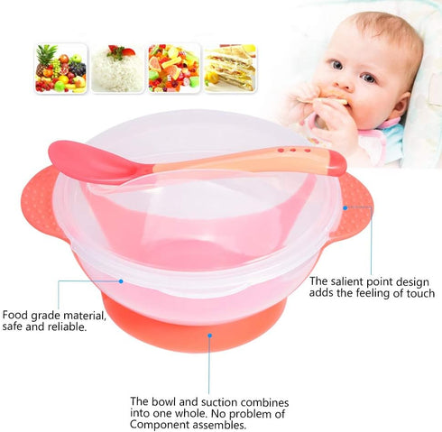 Slip Resistant Suction Bowls for Baby, Children Feeding Bowls with Sensing Spoon Cover for Home (Pink)