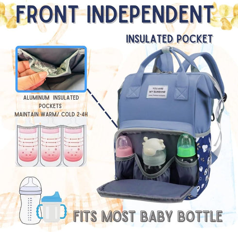 MARYAS Backpack Small Diaper Bag for Baby Boy with Insulated Pockets, Stroller Straps. Blue Baby Bag for Mom Dad.